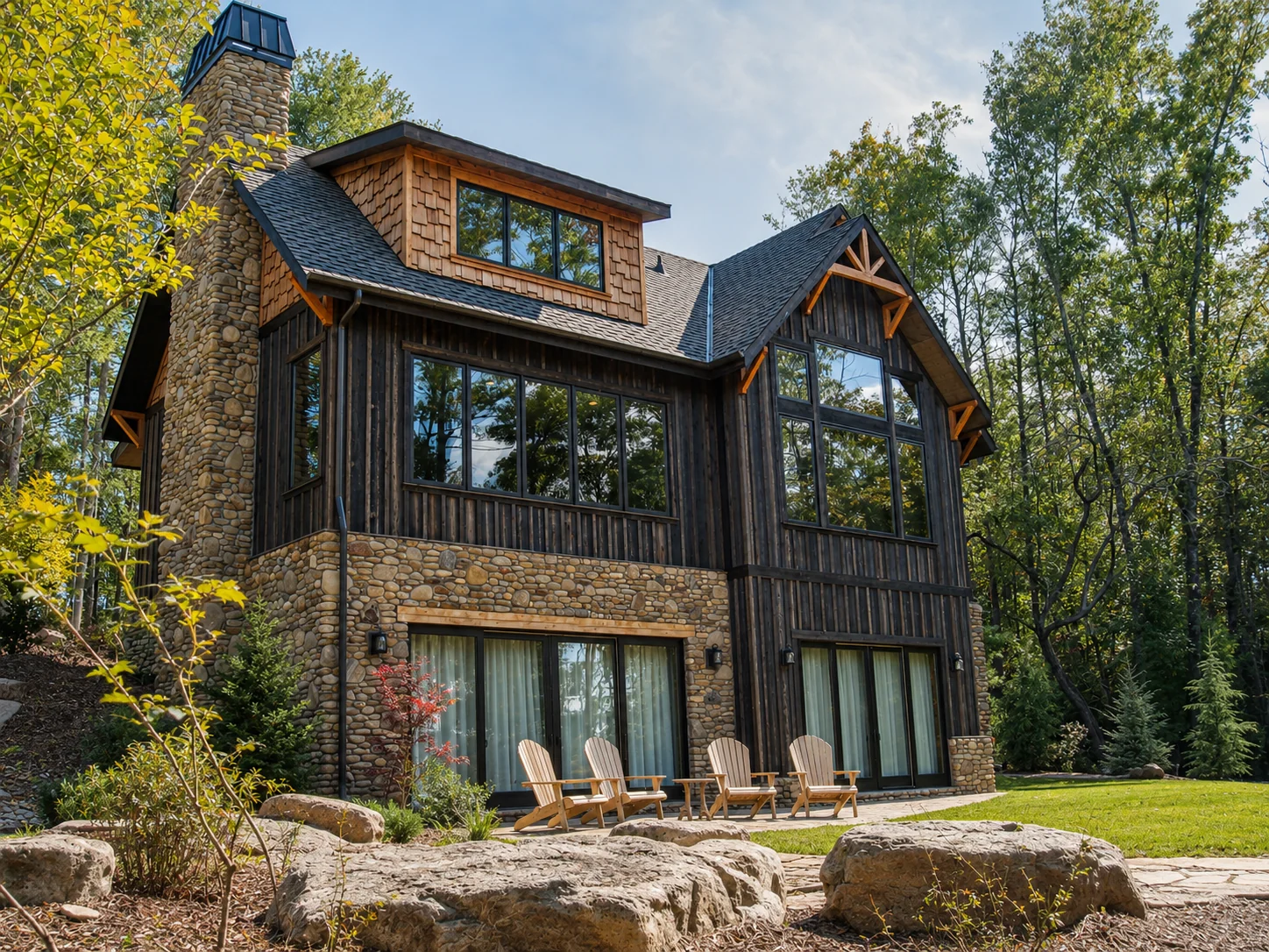 Custom luxury home rear exterior built by Higgins Building Group in Western North Carolina