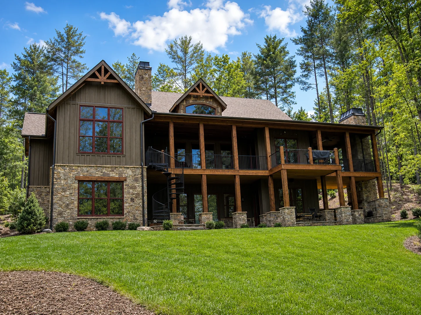 Custom luxury home rear exterior built by Higgins Building Group in Western North Carolina